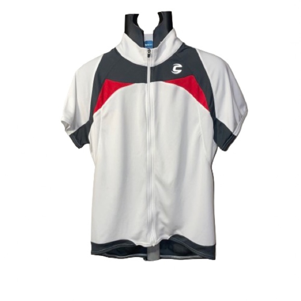 Cannodale Mens full zipper Cycle Jersey Size Large White Red Gray Muti Pockets